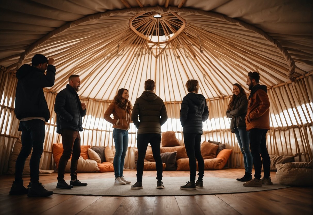 A group of people gather long, flexible branches and tie them together to form a circular frame. They cover the frame with layers of felt or canvas to create the walls and roof of the yurt