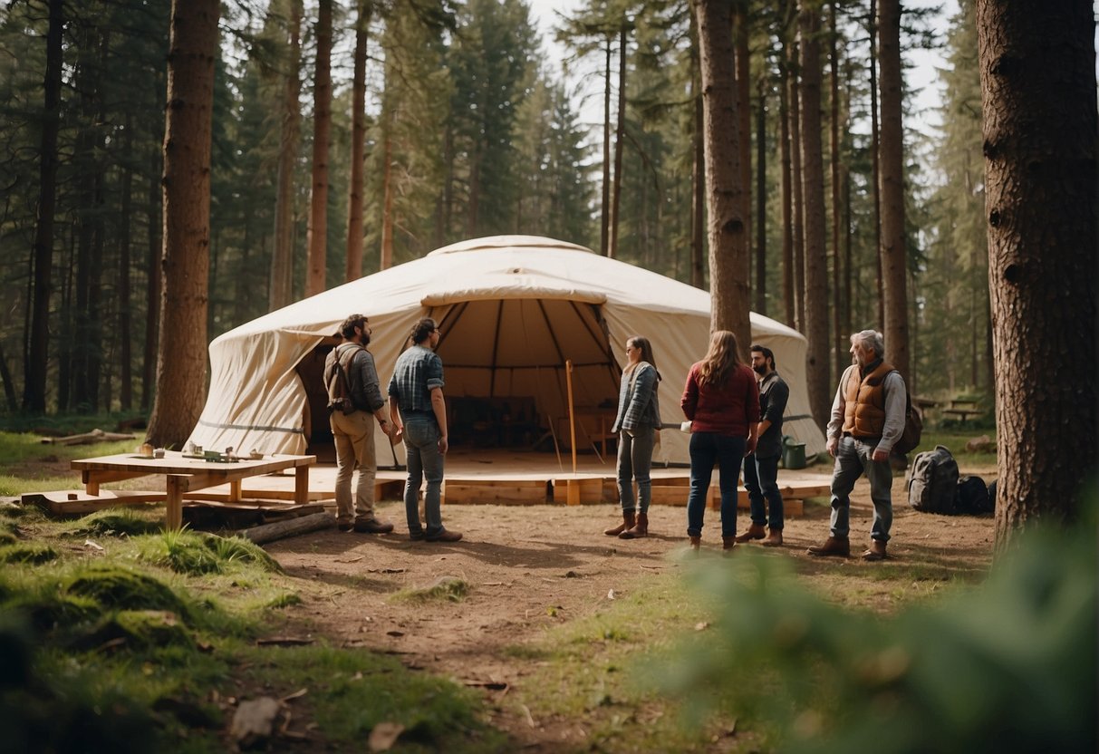 A group gathering materials and tools, measuring and marking the ground, and discussing the layout of the yurt structure in a forest clearing