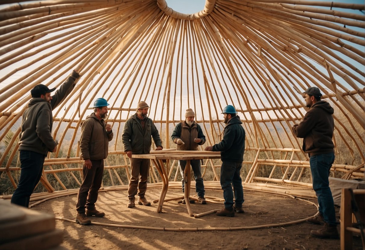 A group of workers constructs a yurt in the wild, using wooden poles and canvas fabric to create the circular structure. The frame is carefully assembled, and the fabric is stretched and secured to form the walls and roof of the traditional shelter