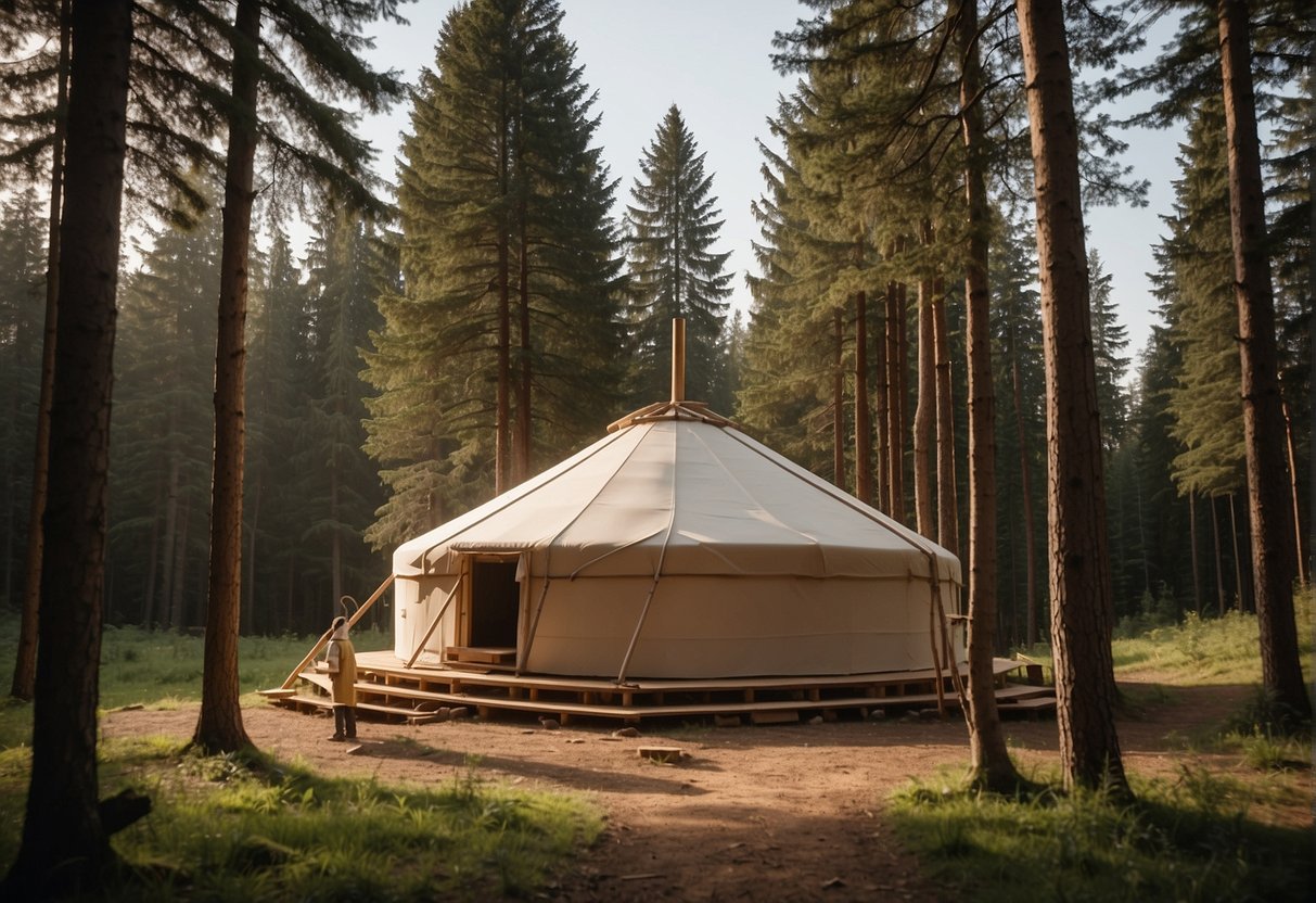 A group of people constructing a yurt in a forest clearing, using wooden poles, canvas, and ropes. Surrounding trees and nature in the background