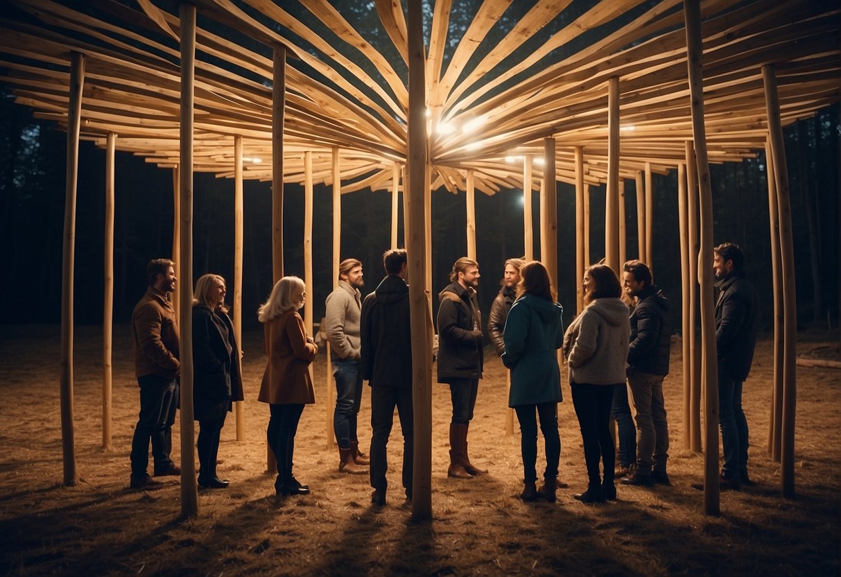 A group of people gather long wooden poles and tie them together to form a circular frame. They cover it with layers of fabric or animal skins, securing them in place to create a sturdy and weather-resistant shelter