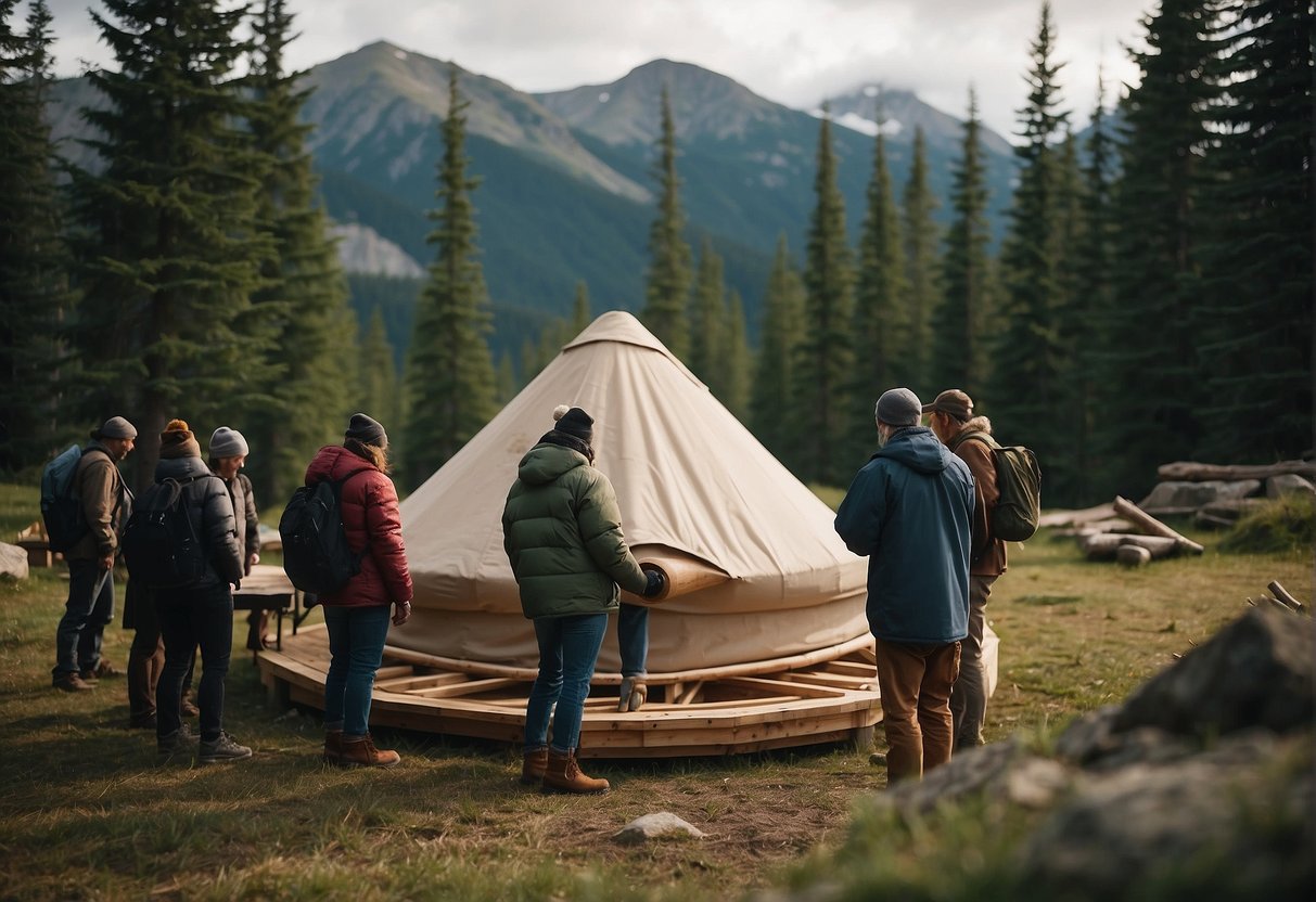 A group of people gather materials and construct a yurt in a remote wilderness setting. They measure, cut, and assemble the wooden frame, then cover it with fabric and insulation, creating a cozy and durable shelter