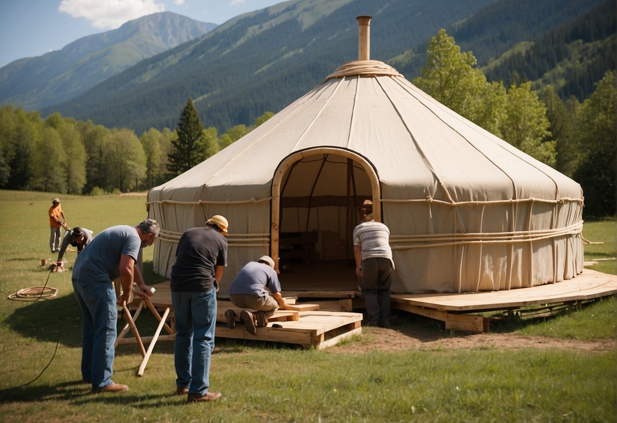 A group of people are assembling a traditional yurt, securing wooden beams and wrapping fabric around the structure. The yurt is being constructed in a grassy plain, with mountains in the background