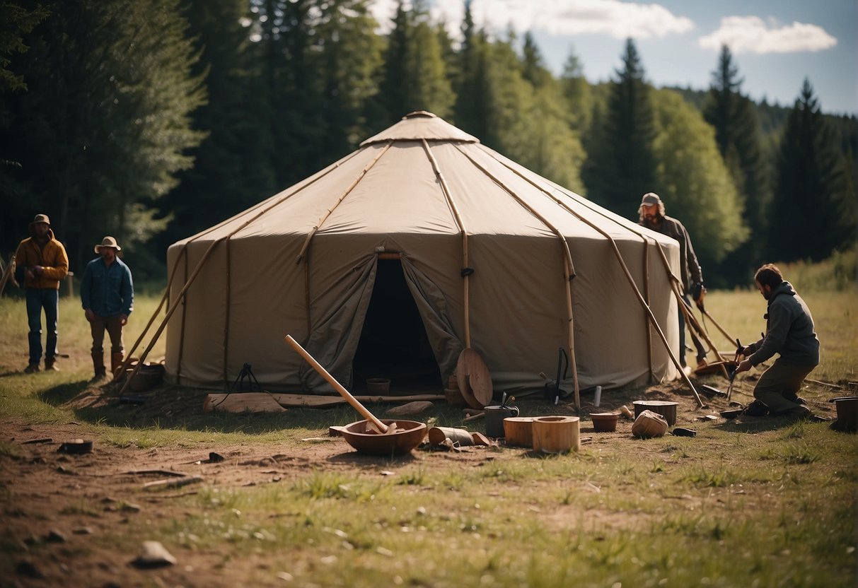 A group of people constructing a survival yurt using wooden poles and a tarp, with tools and materials scattered around the site