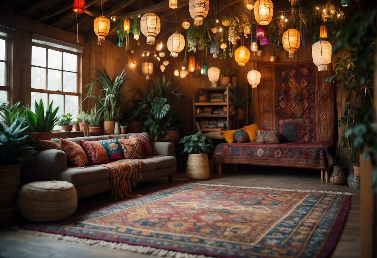 Colorful rugs cover the floor, while tapestries hang from the walls. Lanterns and string lights illuminate the space, and vibrant fabrics drape the ceiling. Plants and handmade crafts add a cozy, bohemian touch