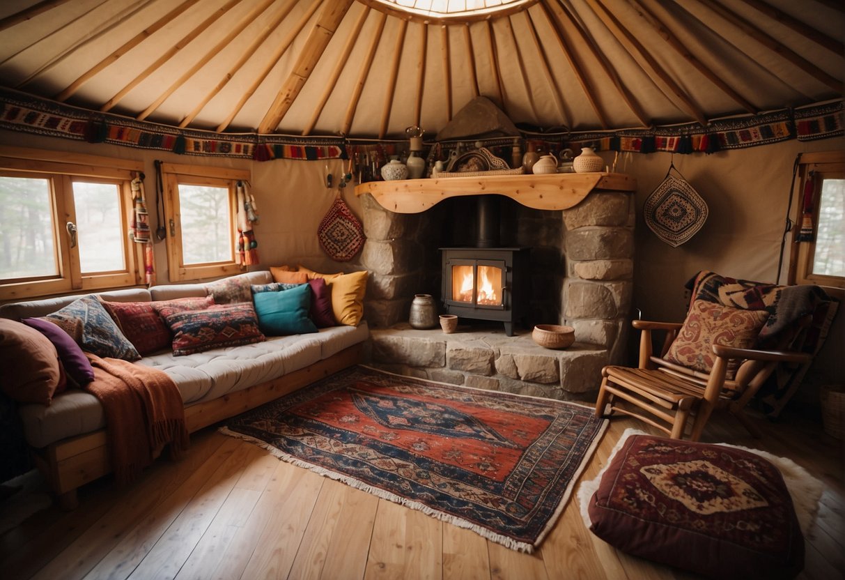 A cozy yurt interior with colorful rugs, patterned cushions, and low wooden furniture arranged around a central fireplace. Lanterns and tapestries adorn the walls, creating a warm and inviting atmosphere