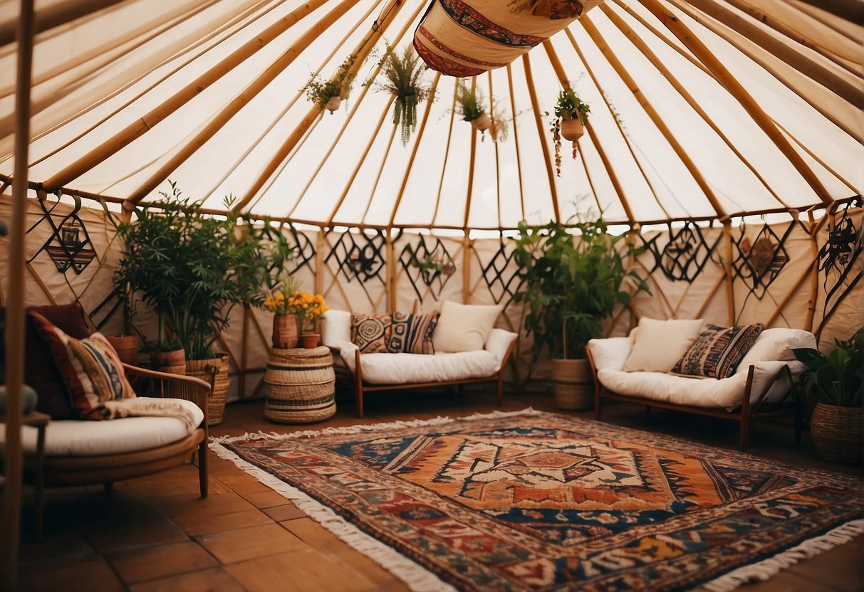 A cozy yurt interior with colorful rugs, patterned textiles, and hanging lanterns. Plants and artwork adorn the walls, creating a warm and inviting space