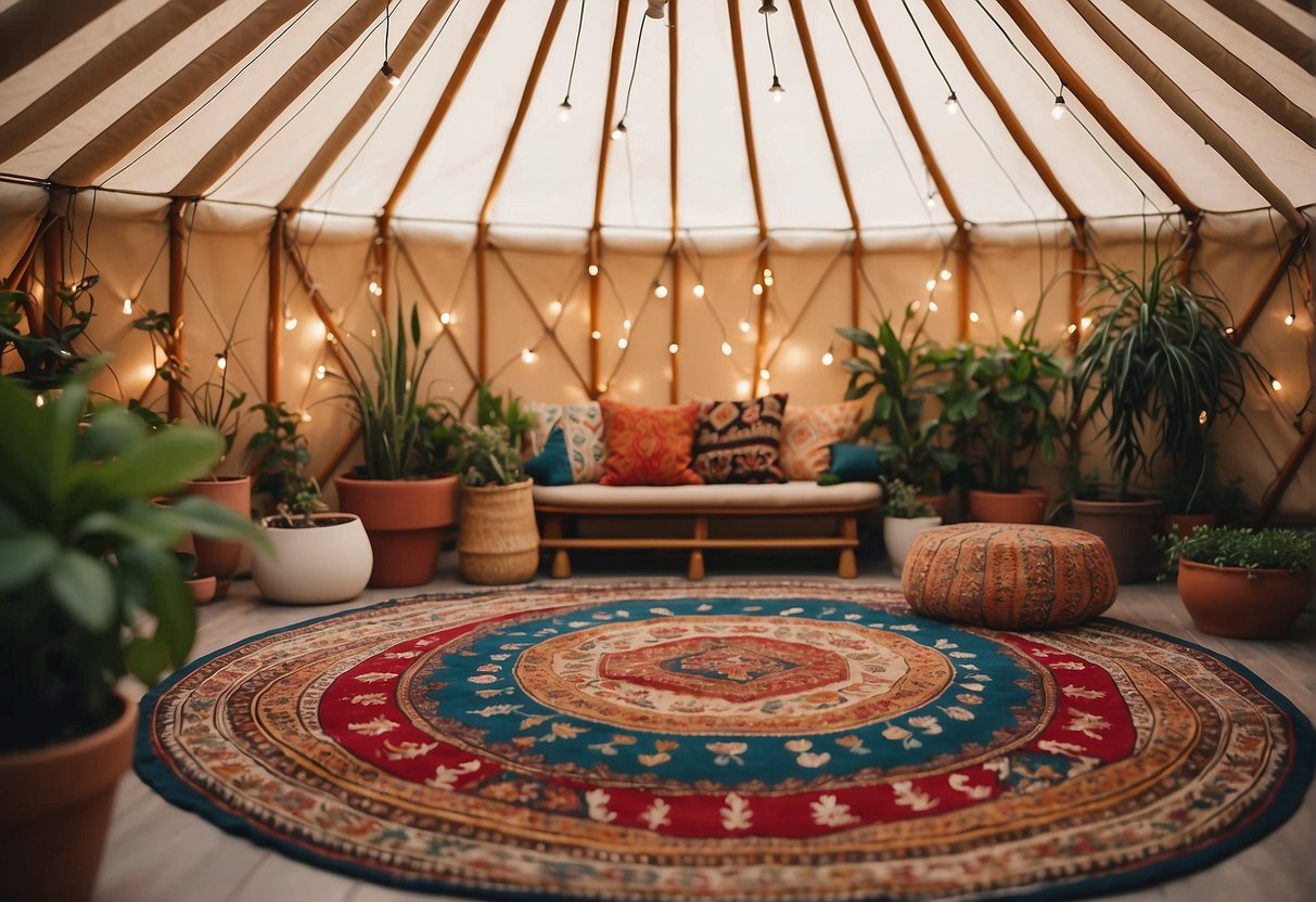 A yurt with colorful textiles and patterned rugs, surrounded by potted plants and string lights, with shelves displaying traditional decorations