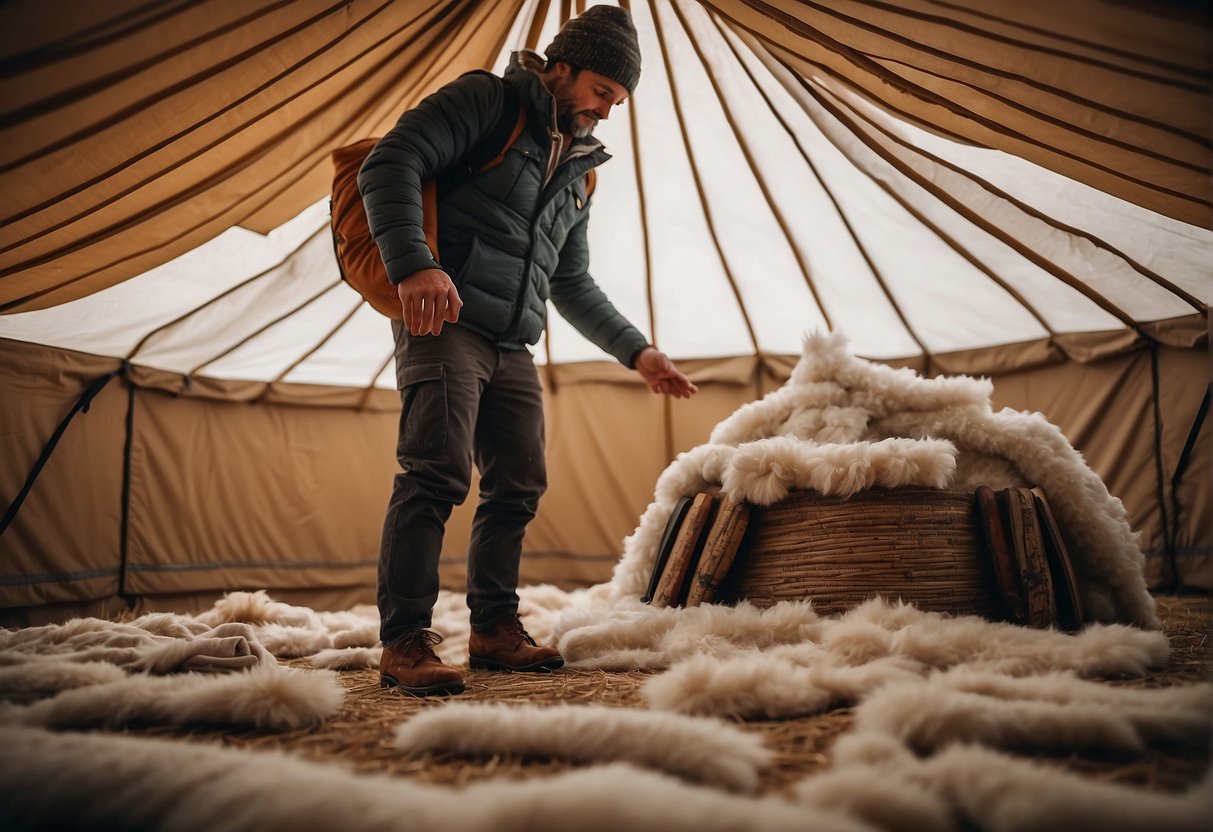 A person insulates a yurt tent with thick layers of wool and canvas
