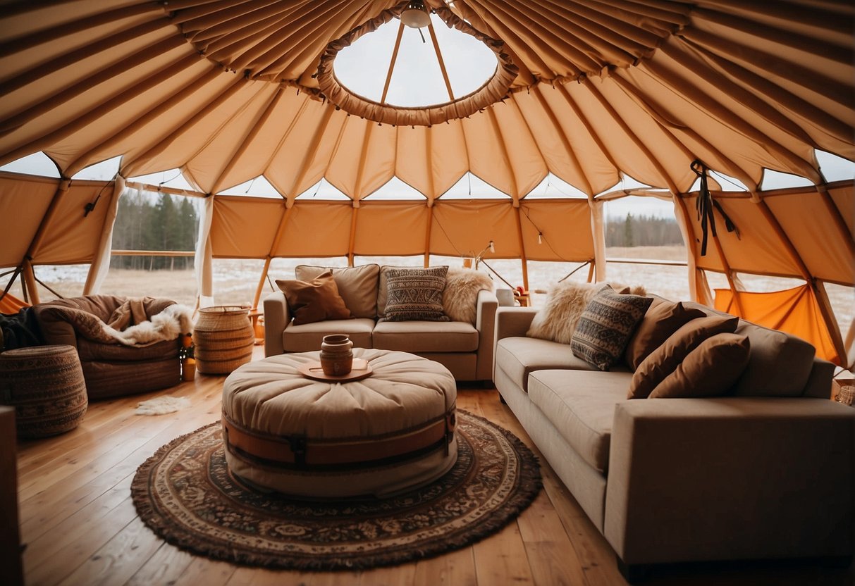 A yurt tent with insulation materials being installed, such as wool or felt, to maintain warmth and comfort in the interior