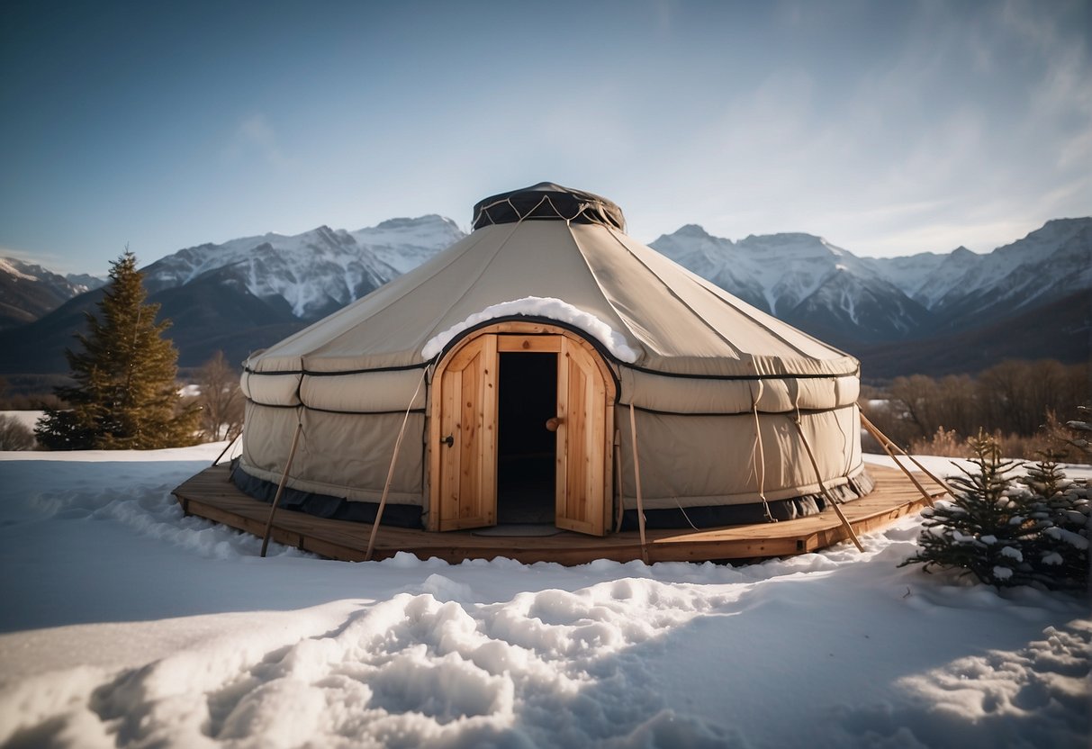 A yurt tent sits in a snowy landscape. Thick insulation lines the walls and ceiling, with a wood-burning stove in the center. Snow gently falls outside as smoke rises from the stove