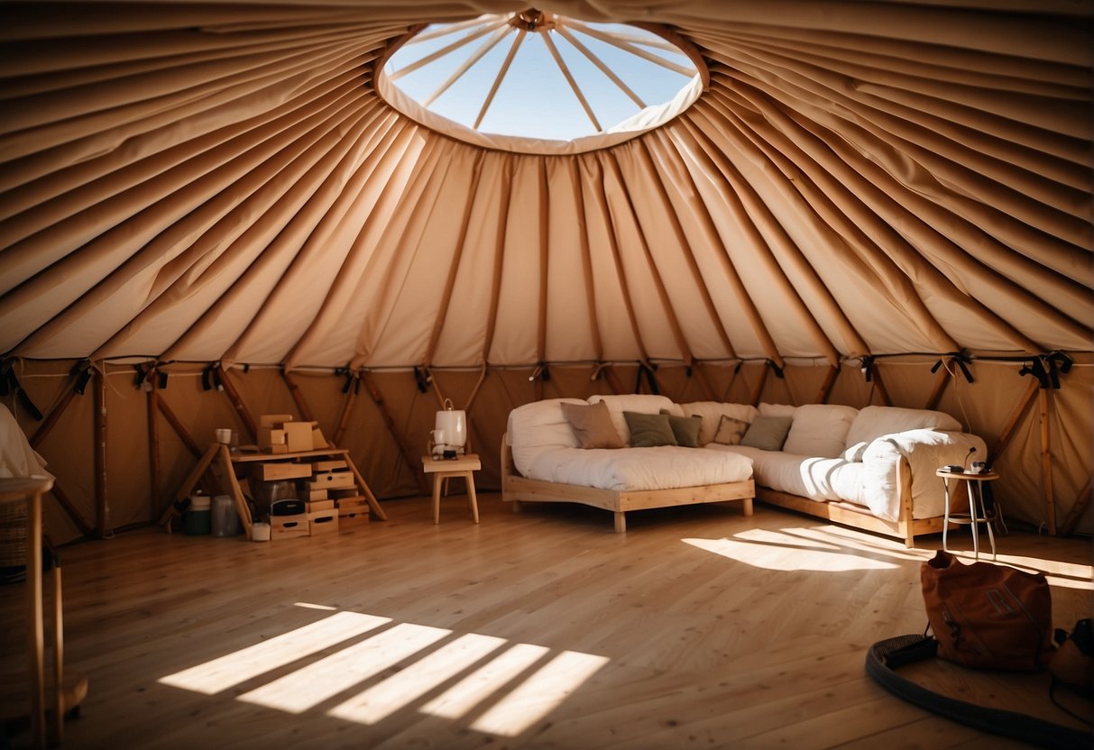 An open yurt tent with insulation being installed on the walls and ceiling. Materials such as foam or wool are being used to insulate the structure