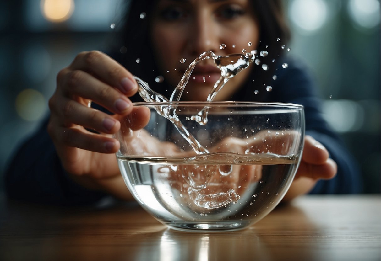 A person splashing water on their face from a clean, clear glass bowl