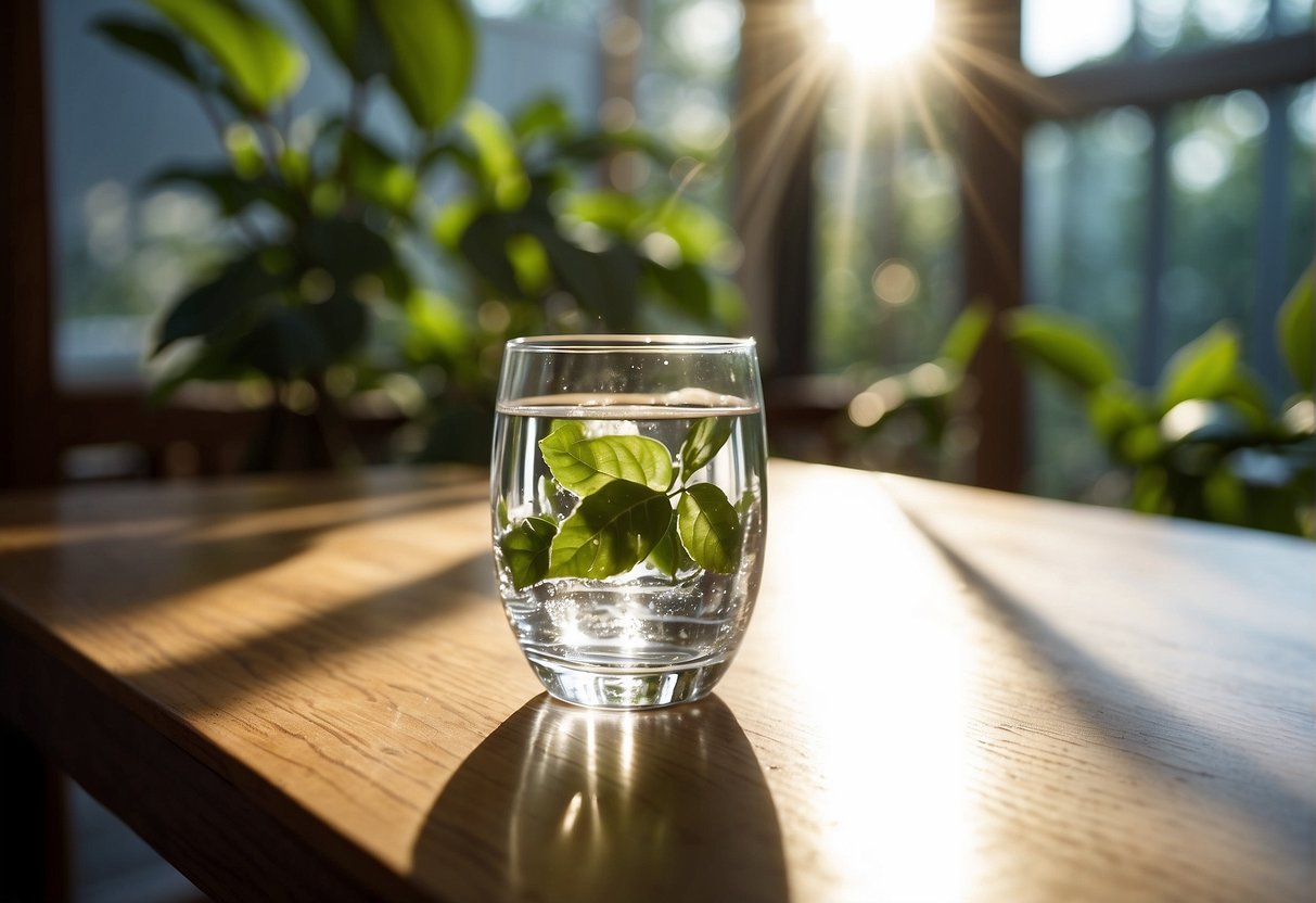A clear, glass of water sits on a wooden table, surrounded by green, leafy plants. Sunlight streams in through a nearby window, casting a warm glow on the scene