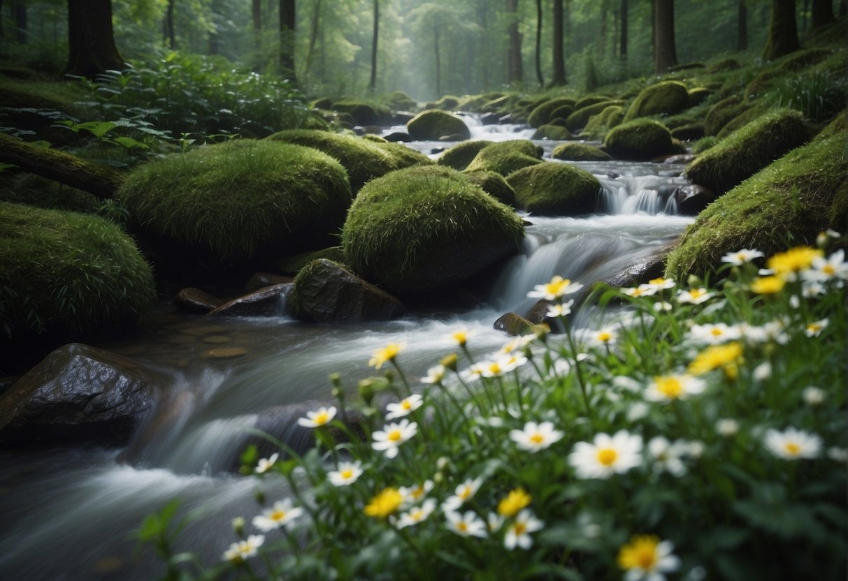 A serene forest with a gentle stream, lush greenery, and dew-kissed flowers, evoking natural hydration for the skin