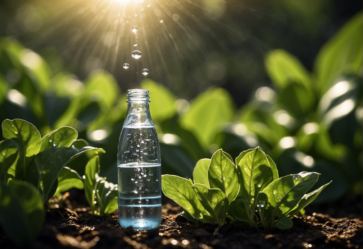 A bottle of water spritzing onto a leafy green plant, with droplets glistening in the sunlight