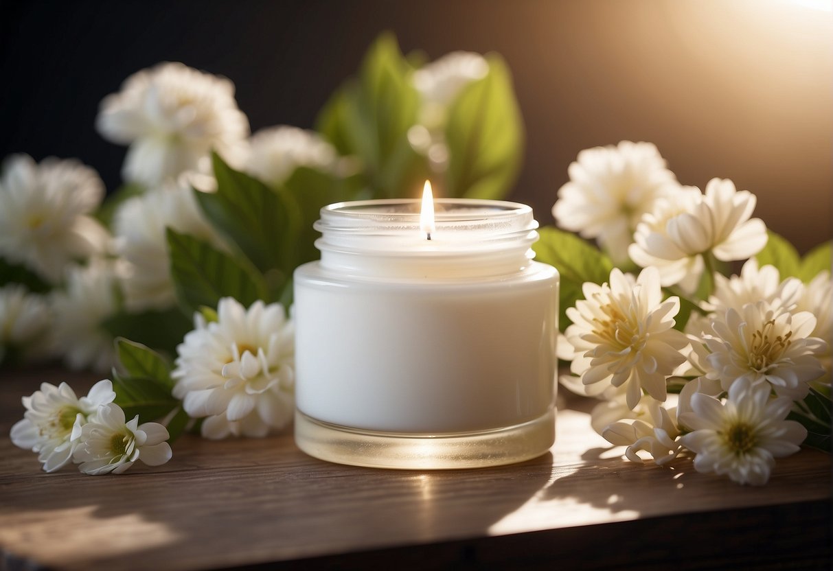 A jar of moisturizer surrounded by fresh flowers and a soft, glowing light