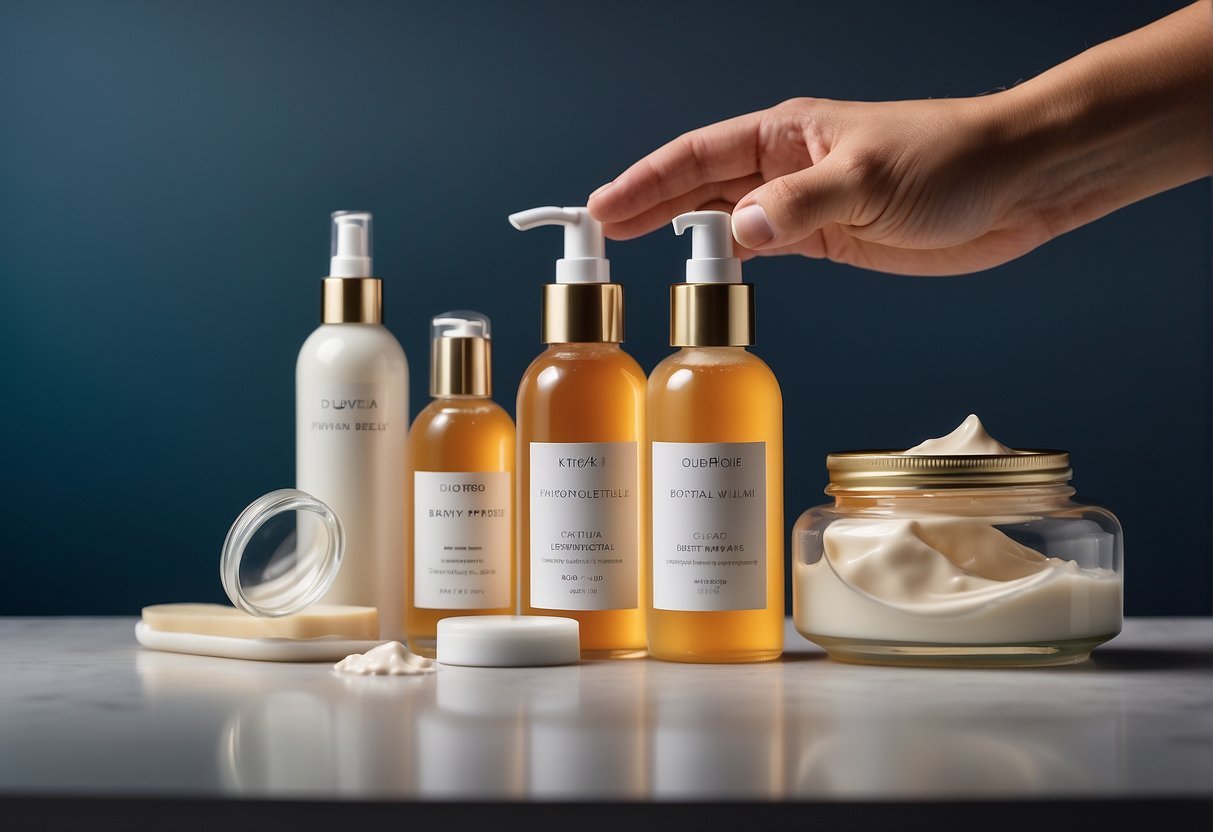A table with various moisturizer bottles, a magnifying glass examining ingredients, and a hand reaching for a top-rated product