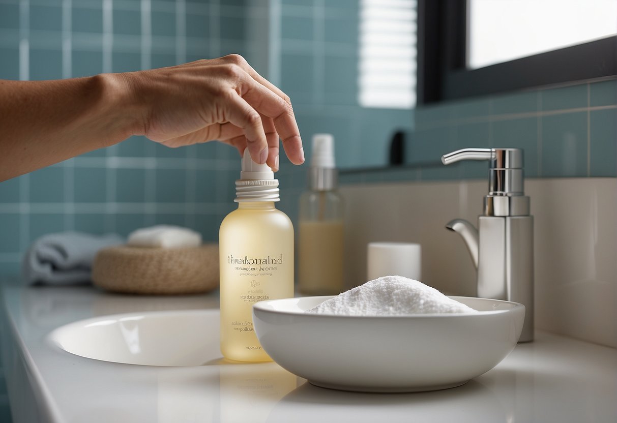 A hand reaching for a jar of moisturizer on a bathroom counter, with various skincare products and a towel in the background