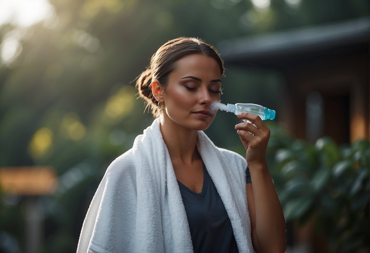 A person holding a spray bottle and misting their face with water, with a serene expression and a towel draped over their shoulder