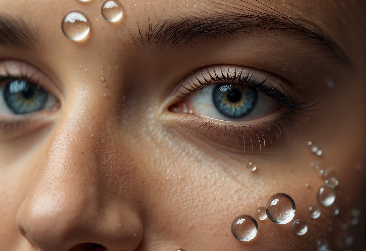 A glowing face surrounded by water droplets, showcasing the concept of facial hydration without the use of cream