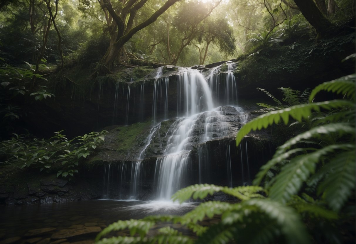 A serene waterfall cascades down lush greenery, gently misting the surrounding foliage, providing natural hydration for the skin