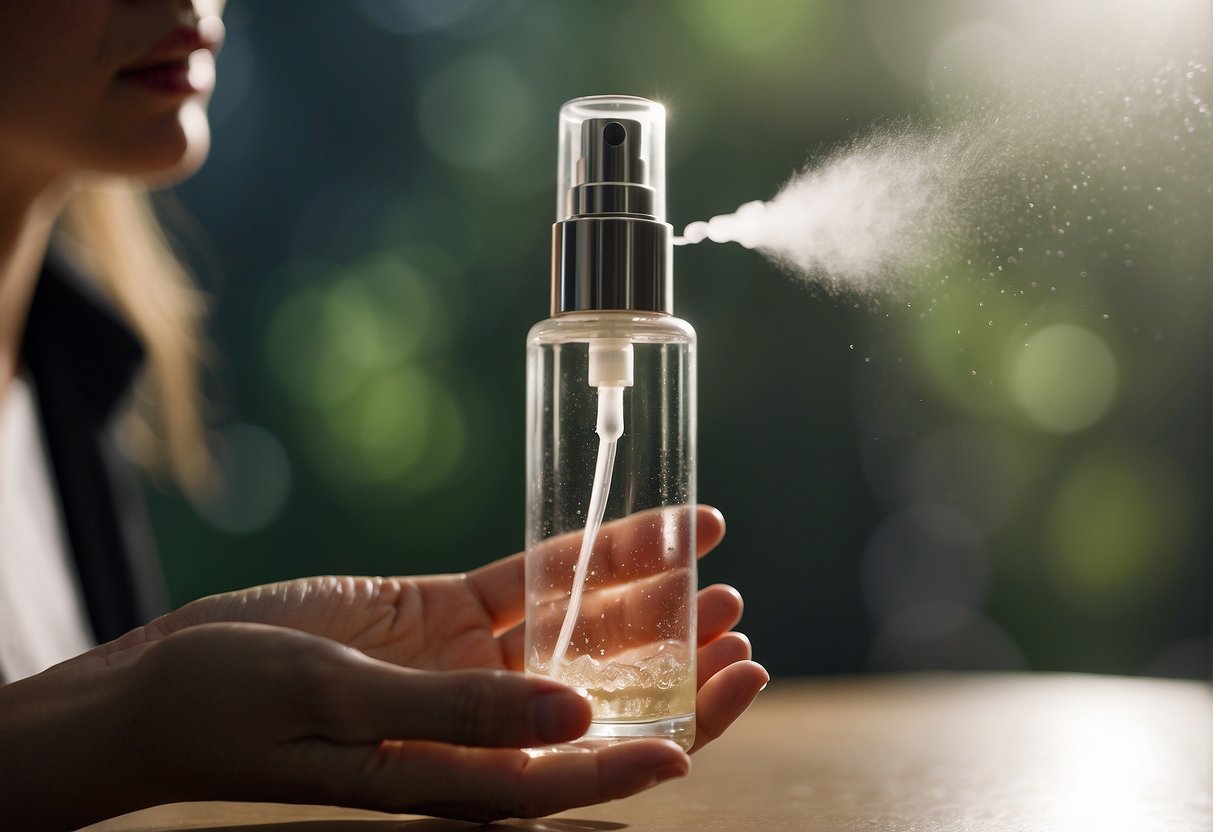 A hand reaching for a bottle of facial mist, with a soft spray of mist enveloping the face, creating a refreshing and hydrating sensation