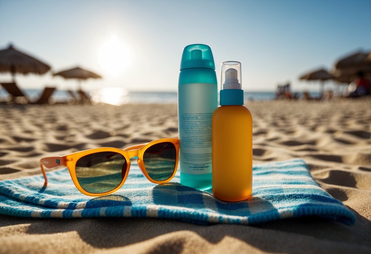 A bottle of sunscreen sits next to a beach towel and sunglasses on a sandy shore. The sun shines brightly in the sky
