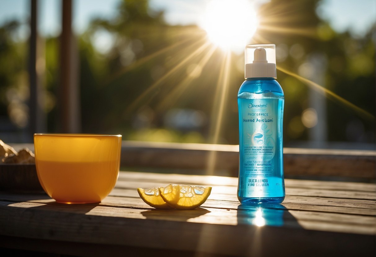 A sunscreen bottle sits next to a glass of water under the sun, emphasizing the importance of hydration and sun protection