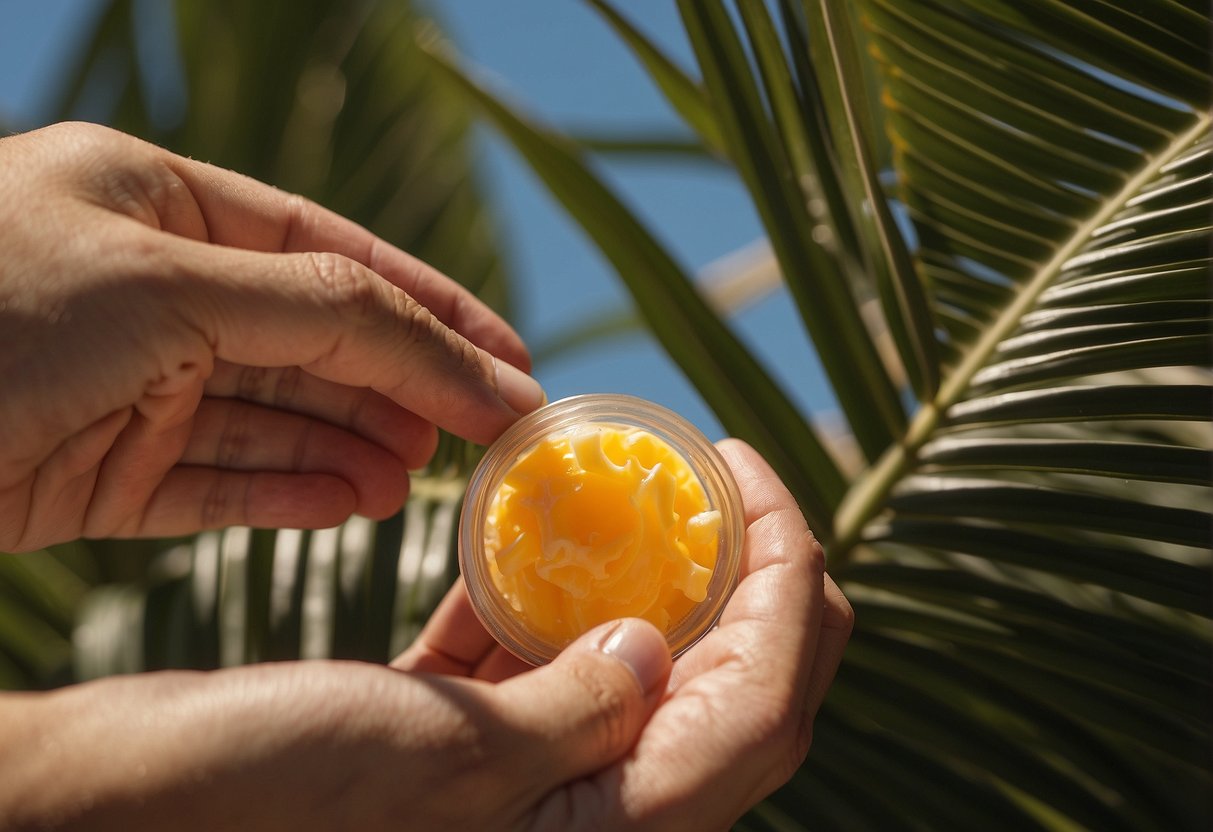 A hand squeezes sunscreen onto a palm, then rubs it onto skin