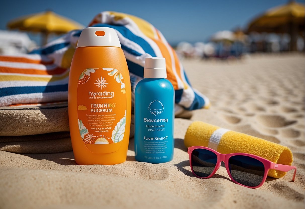 A bottle of sunscreen with a label that reads "Hydrating Sunscreen" surrounded by beach towels, sunglasses, and a beach umbrella