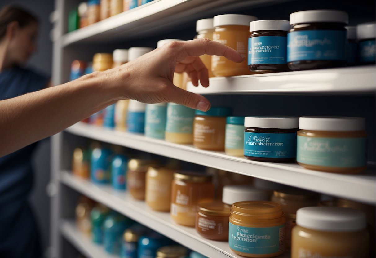 A hand reaches for "que choisir crème hydratante" on a shelf