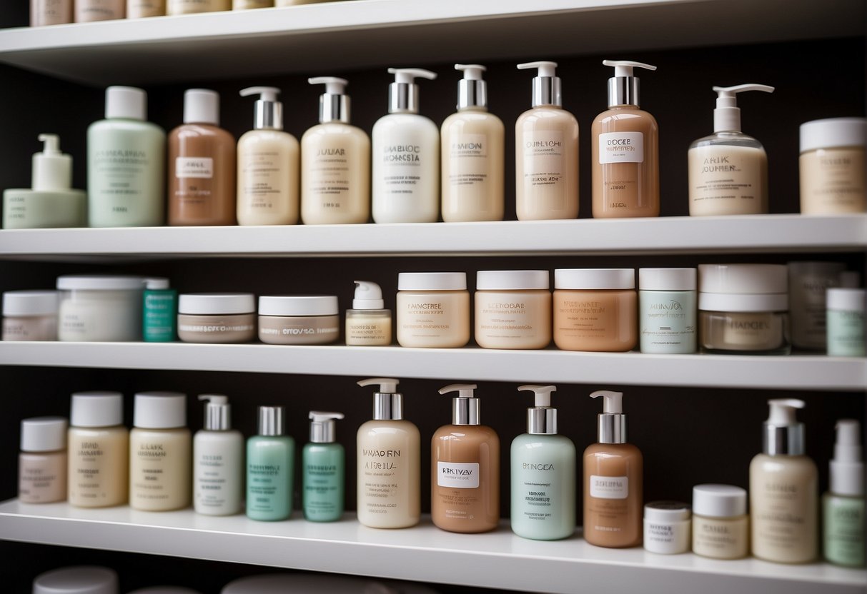 A variety of moisturizing creams on a shelf, with labels indicating different skin types and needs