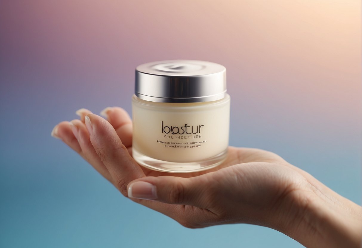 A hand reaching for a tube of moisturizing cream, surrounded by various skincare products and a soft, pastel-colored background