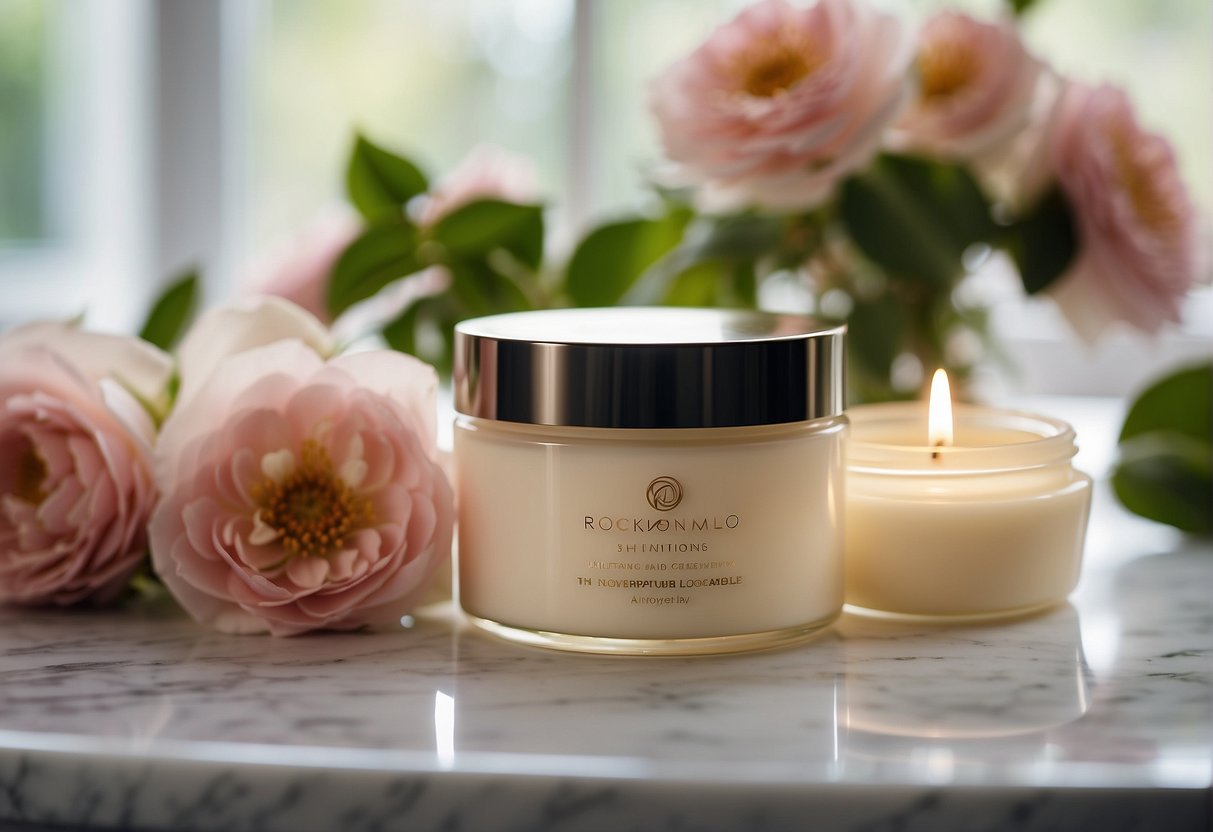 A luxurious body cream sits on a marble countertop, surrounded by fresh flowers and soft towels, with natural light streaming in from a nearby window