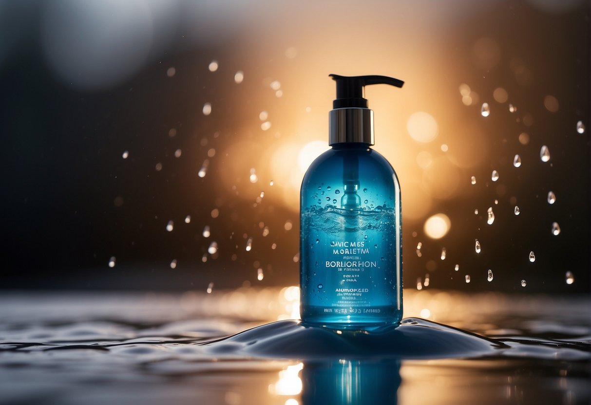 A bottle of body moisturizer surrounded by water droplets, with a background of glowing, healthy skin