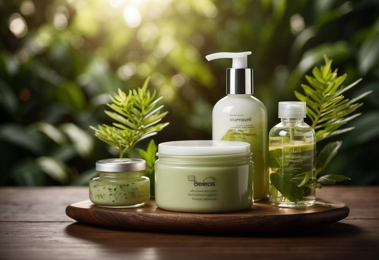 A table displaying various body moisturizers with different textures and scents, surrounded by lush greenery and soft lighting