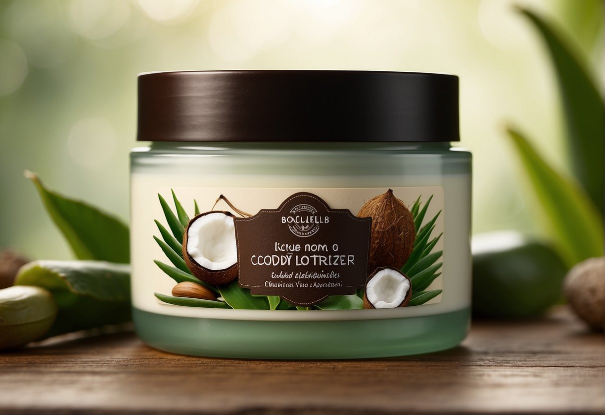 A jar of body lotion surrounded by various natural ingredients like shea butter, coconut oil, and aloe vera. A label with "Best Body Moisturizer" stands out