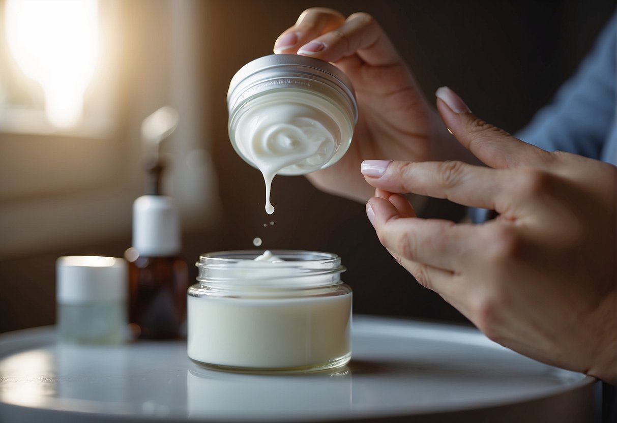 A person applies moisturizer after a hydrating mask. The scene shows a hand reaching for a jar of cream next to a freshly used facial mask