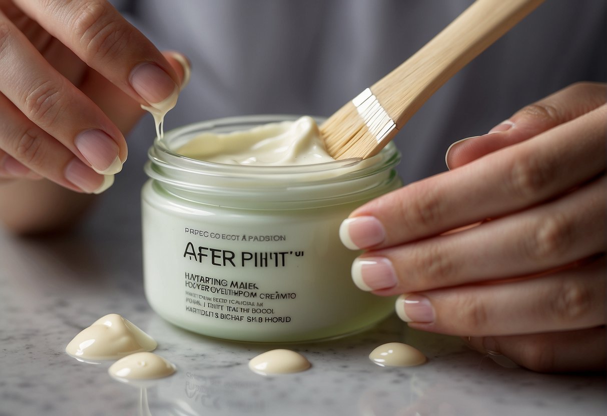After applying a hydrating mask, a hand squeezes a small amount of cream onto a clean surface, then uses a brush to evenly spread it over the skin