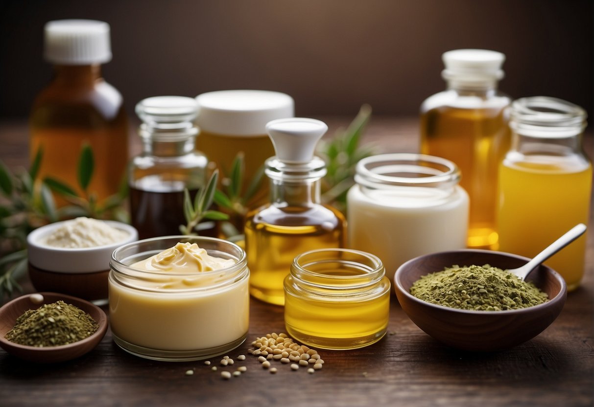 A table filled with various ingredients and utensils for making moisturizing cream, including oils, butters, essential oils, and mixing tools