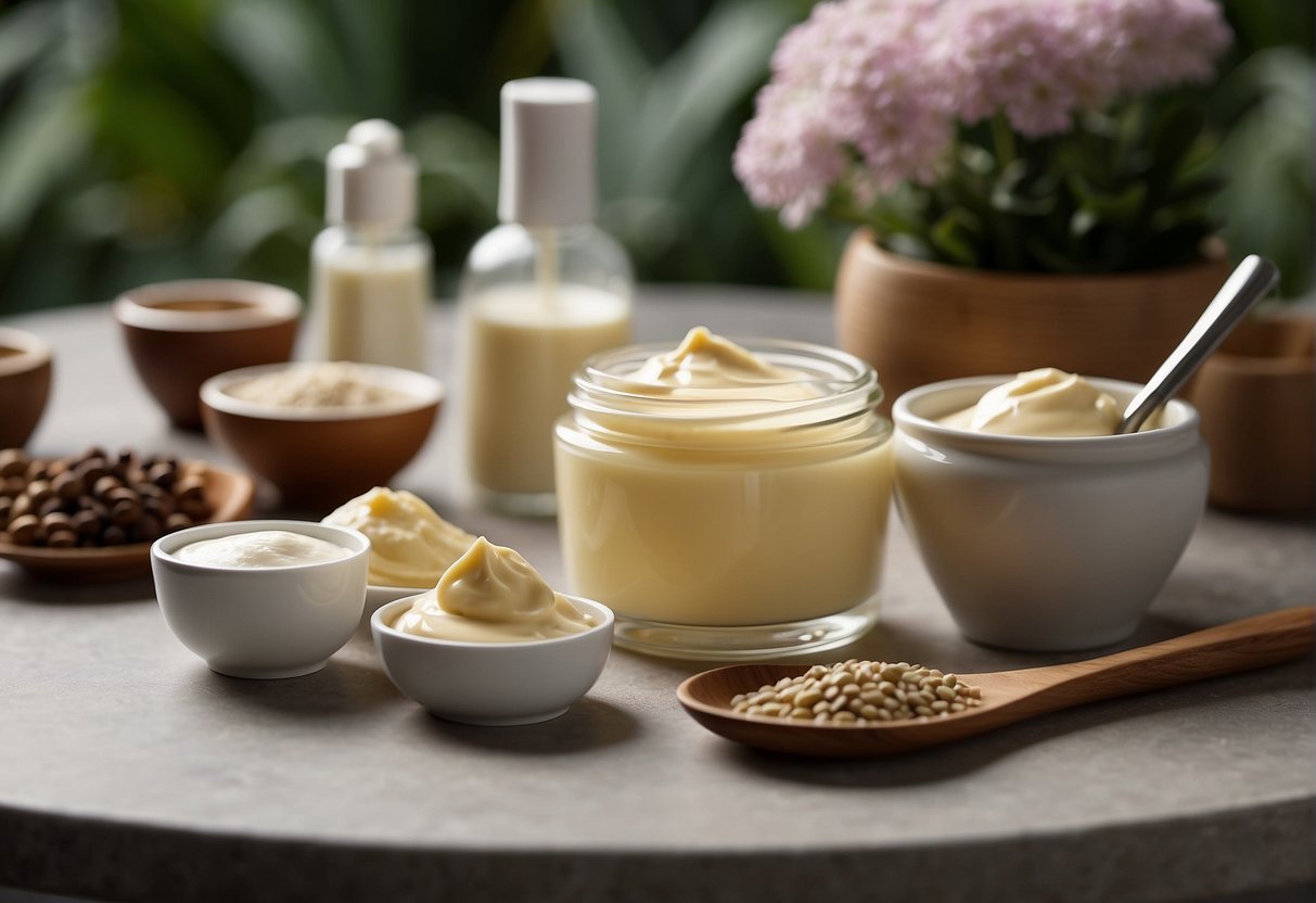 A table with various ingredients and equipment for making moisturizing cream. Labels and recipe book open nearby