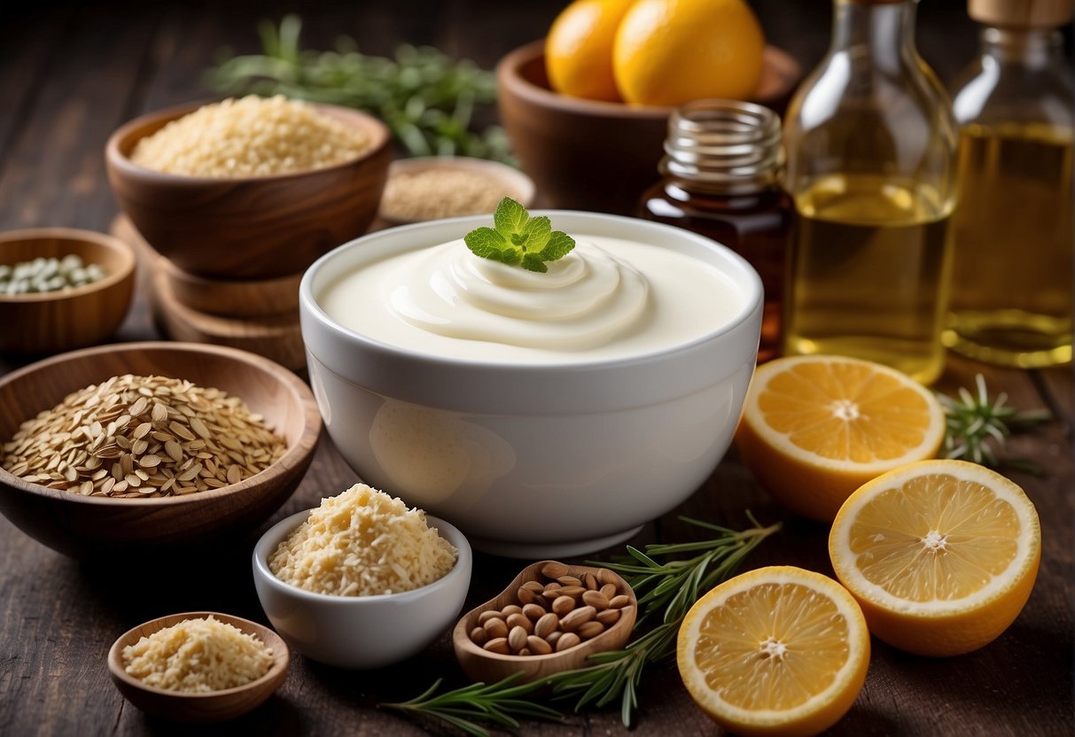 A table with various natural ingredients and tools for making moisturizing cream. Ingredients include oils, butters, and essential oils. Mixing bowls, spoons, and a hand blender are also present