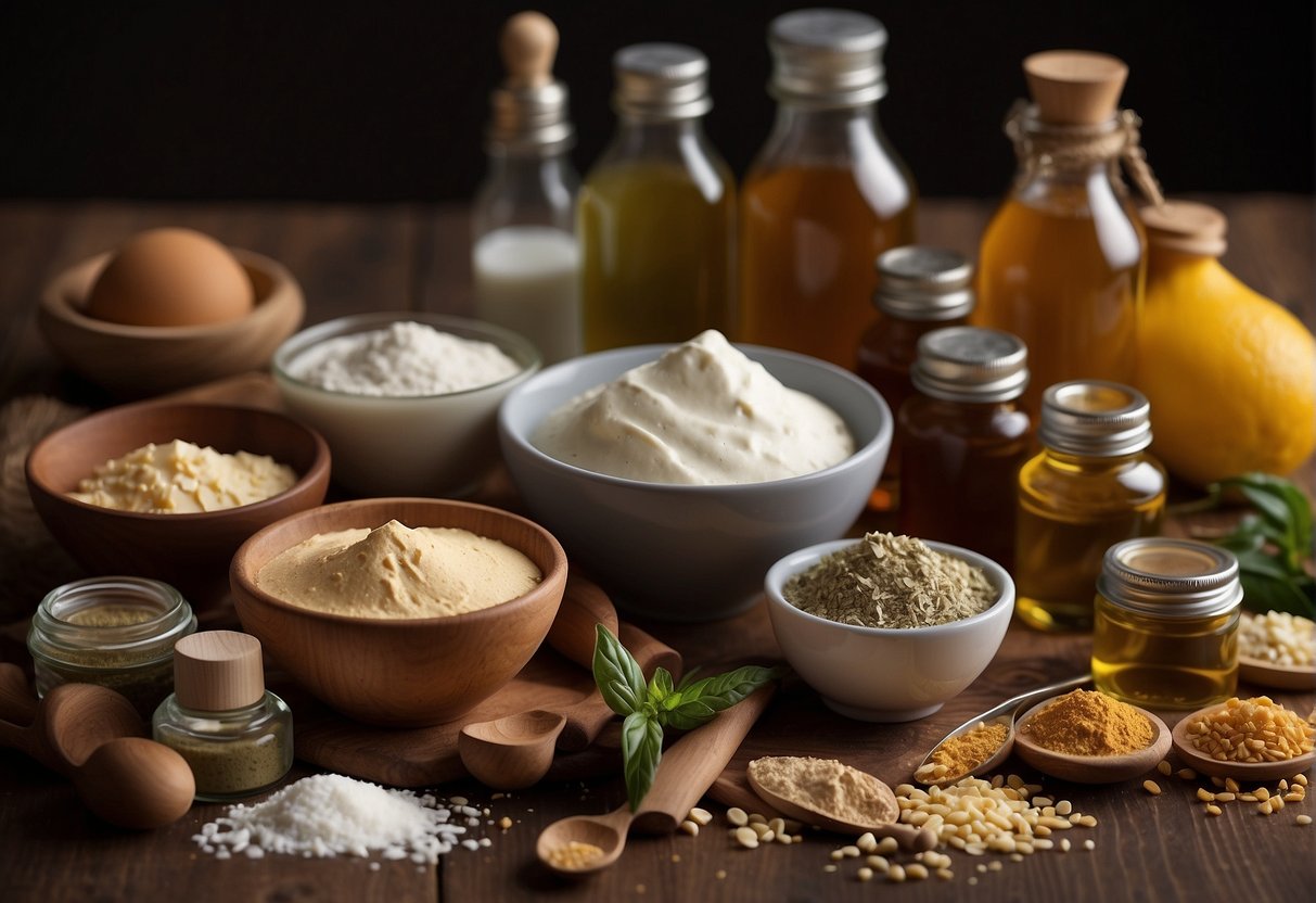 A table with various ingredients and tools for making moisturizer, including oils, butters, and mixing utensils. Labels and recipe books are scattered around