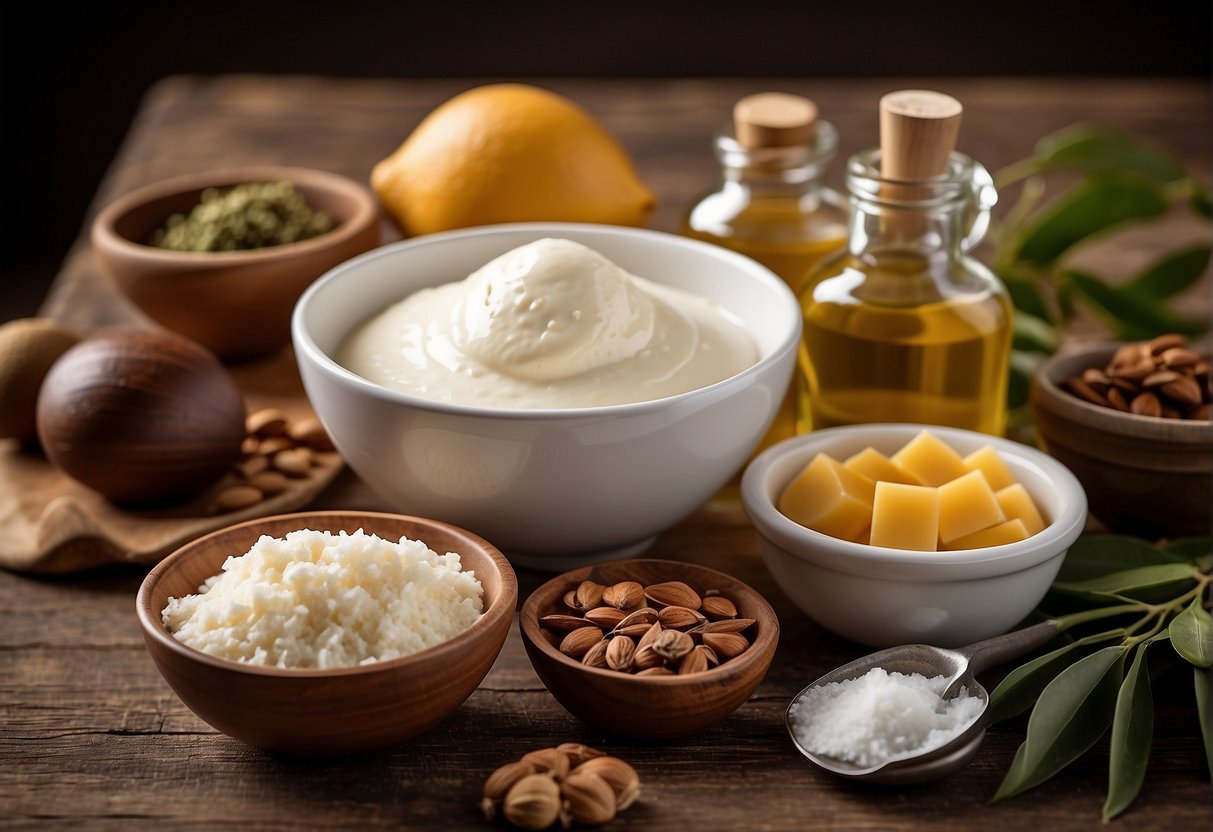 A table with various natural ingredients like shea butter, coconut oil, and essential oils. Mixing bowls, measuring spoons, and a hand blender are laid out. Recipe book open to a page on homemade moisturizing cream