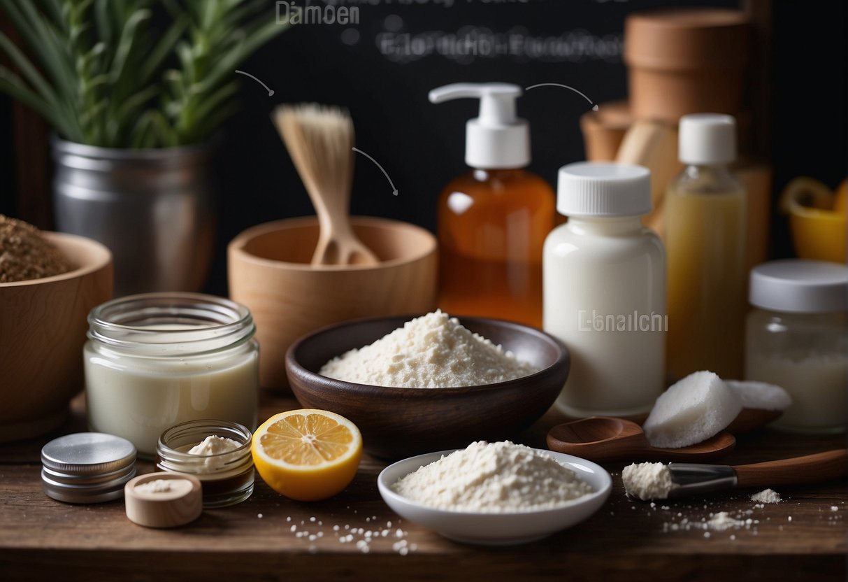 A table with various ingredients and tools for making homemade moisturizer. Instructions written on a chalkboard in the background