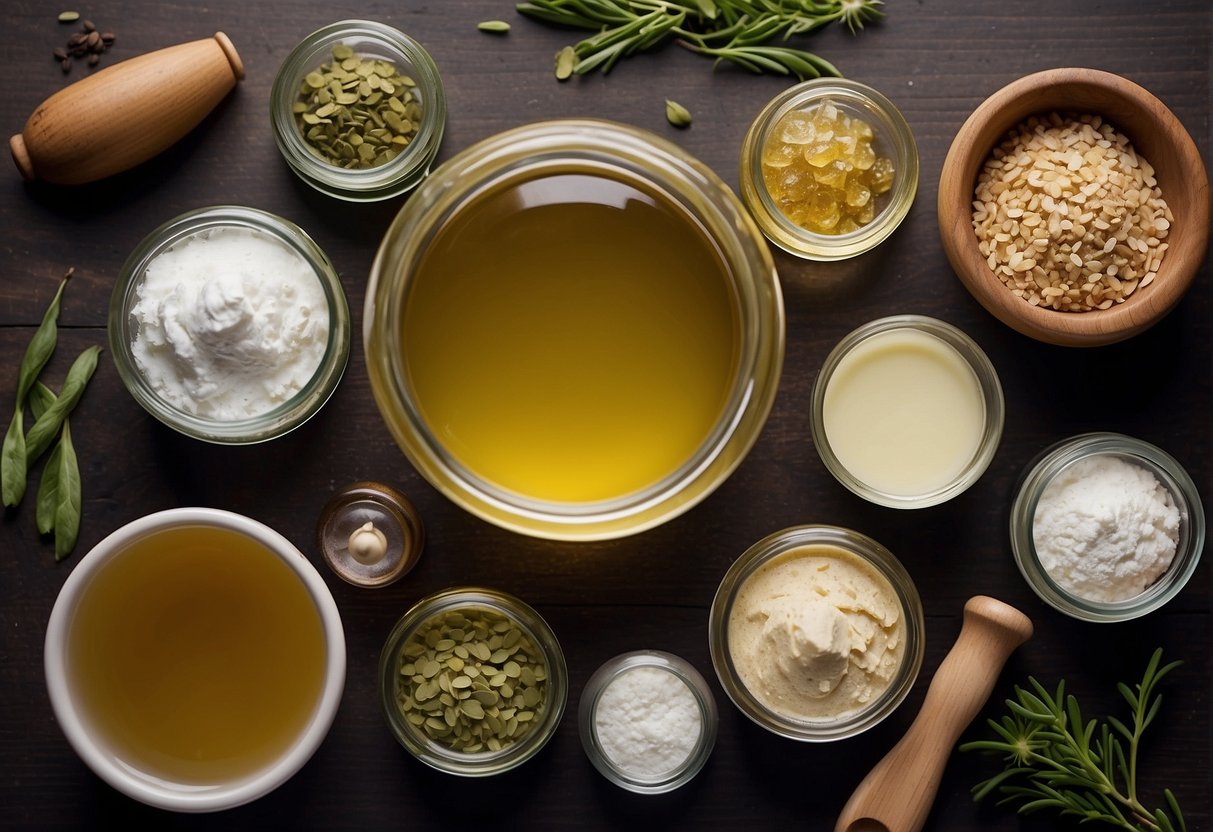 A table with various ingredients and tools for making homemade moisturizer. Jars, oils, and measuring spoons are neatly arranged