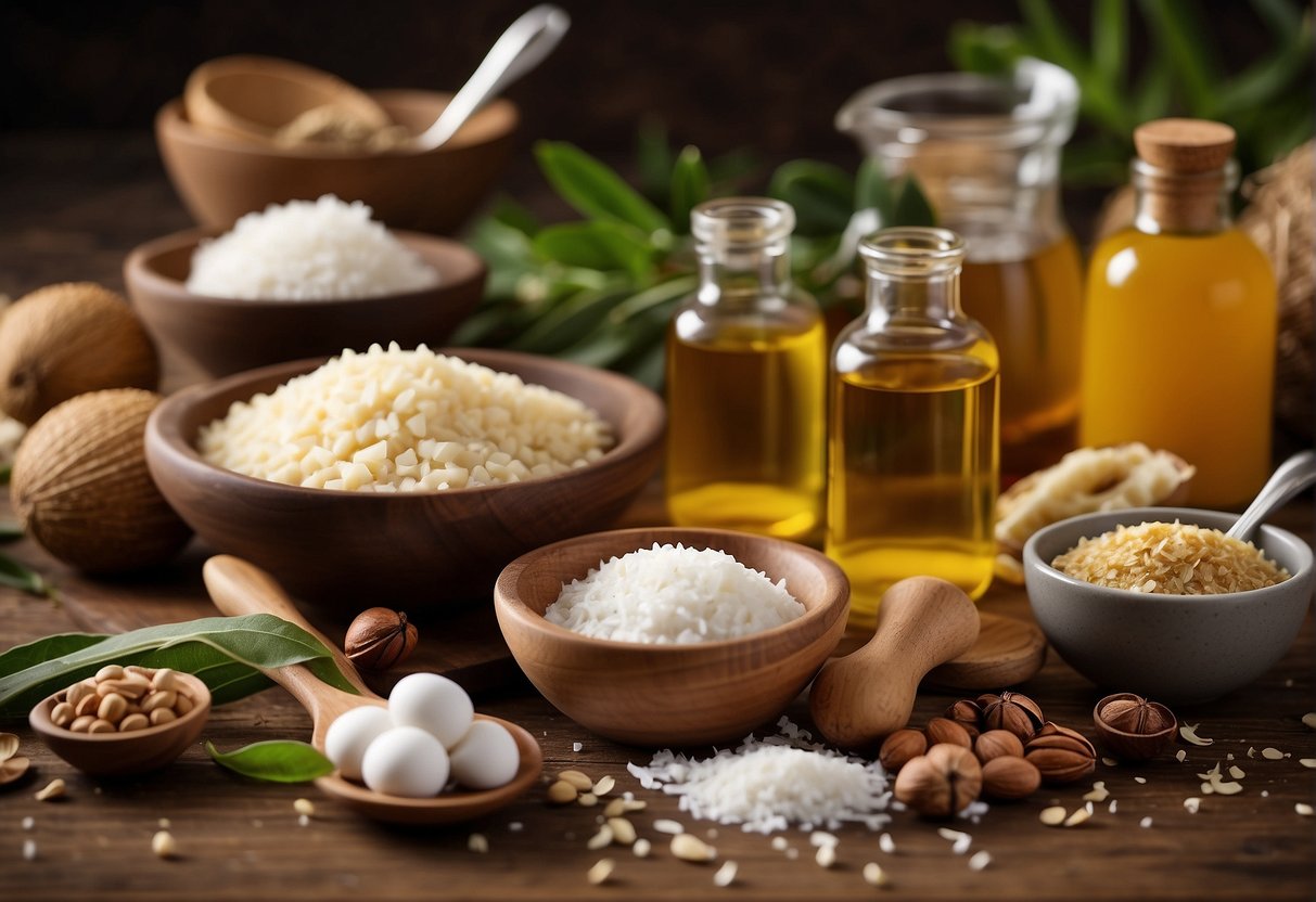 A table with various natural ingredients like shea butter, coconut oil, and essential oils. Mixing bowls, measuring spoons, and recipe notes scattered around
