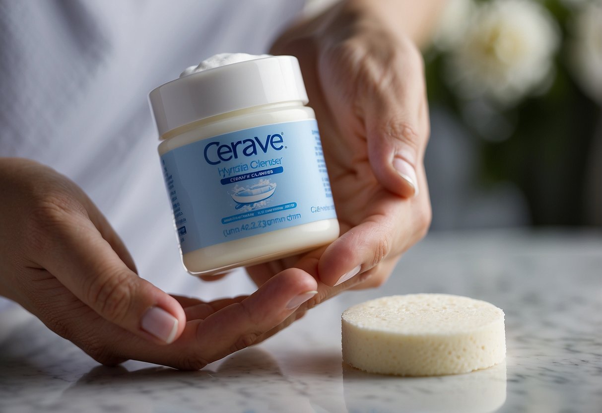 A hand squeezes a dollop of Cerave hydrating cleanser onto a soft sponge. The creamy lather forms as it is applied to the skin, leaving it moisturized and clean