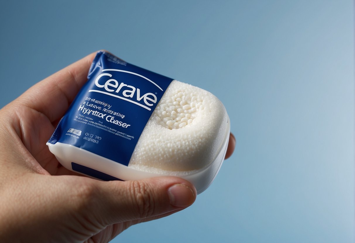 A hand squeezes CeraVe Hydrating Cleanser onto a wet sponge, lathering it into a creamy foam